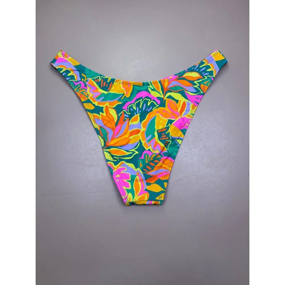 NWT Wild Fable Bikini Bottoms L Tropical Floral Print High Leg Super Cheeky